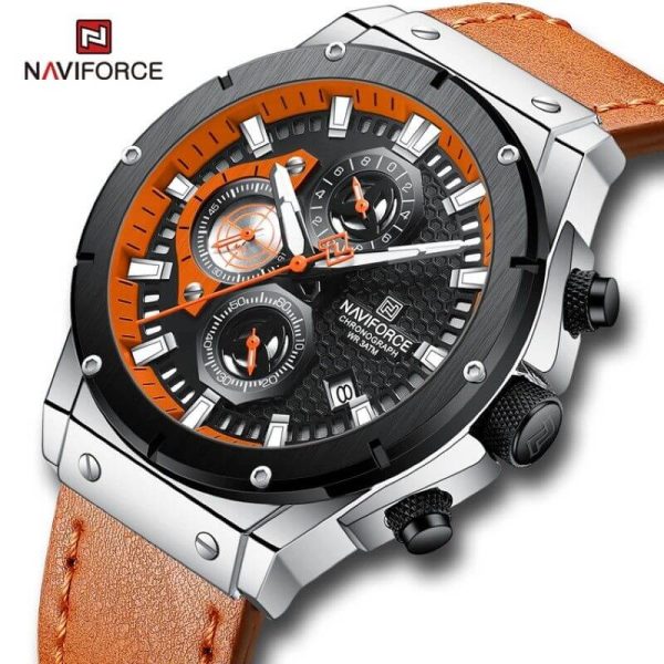 NaviForce NF8027 Men's Novicius Business Edition Leather Strap Chronograph Watch - Black/Orange