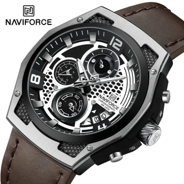 NaviForce NF8051 Men's Fashion Multifunction Chronograph Date Dispaly Leather Strap Watch - Brown/Silver