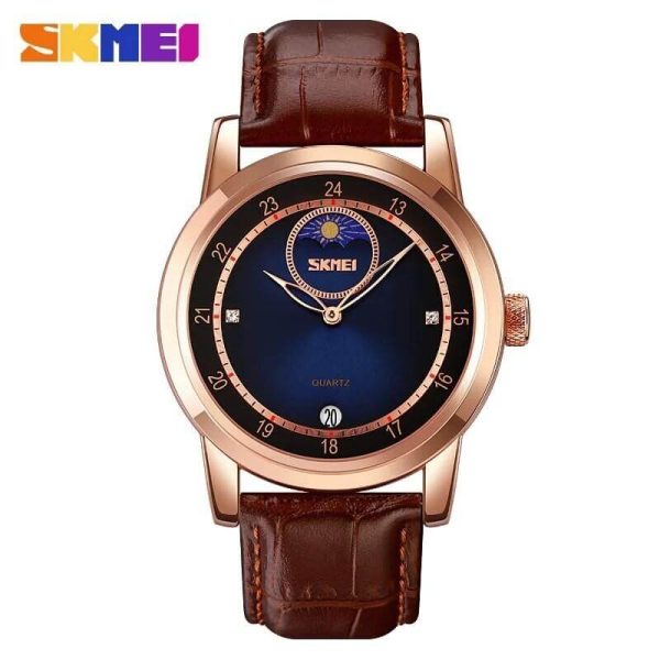 SKMEI 9300 Business Moon Phase Leather Strap Date Display Watch For Men - Blue/Brown