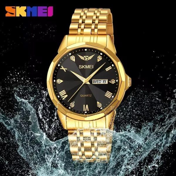 SKMEI 2291 Elegant Fashion Simple Dial Date Week Display Stainless Steel Watch For Men - Black/Golden - Image 2