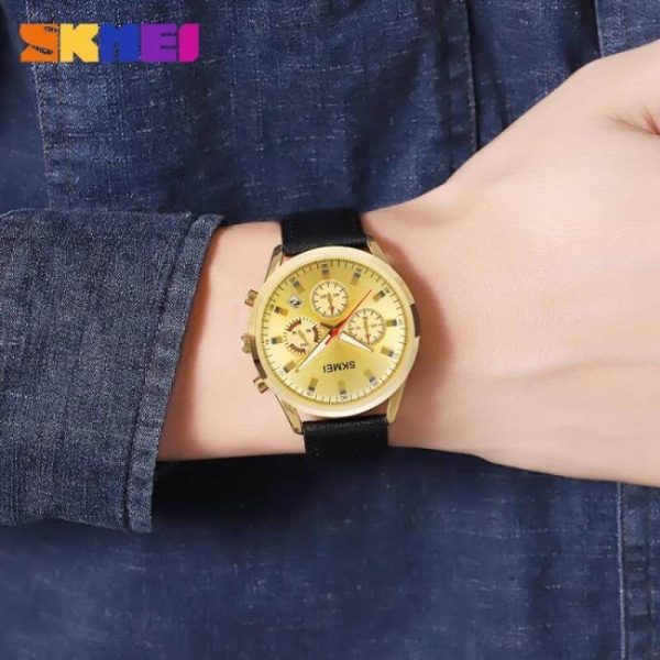 SKMEI 2083 Fashion Casual Chronograph Date Display Leather Strap Watch For Men - Golden/Black - Image 2