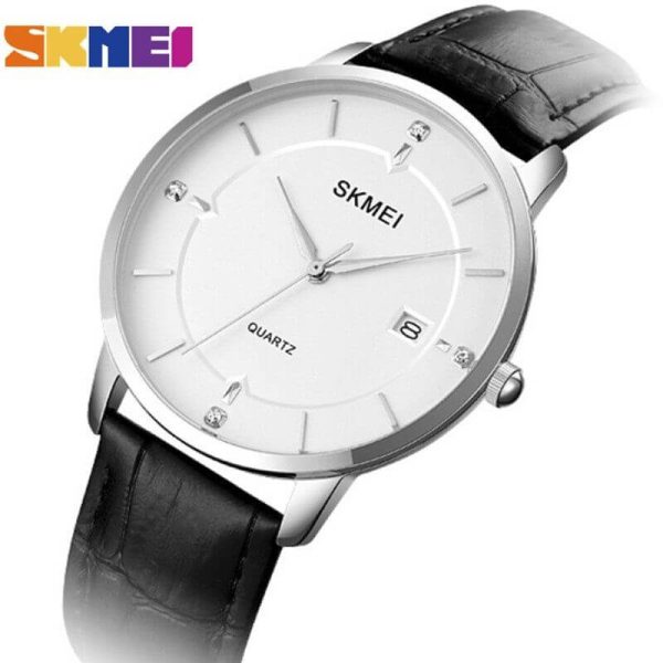 SKMEI 1801 Men's Business Calendar Leather Strap Classic Diamond Quartz Watch - Black/Silver