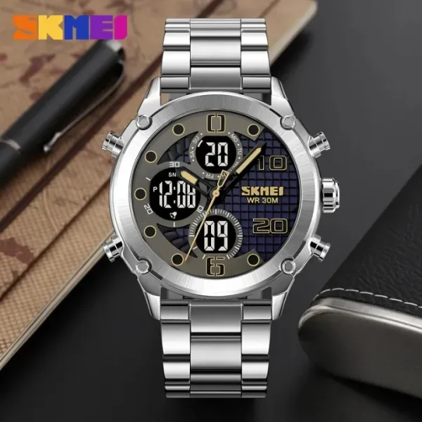 SKMEI 1975 Fashion 3 Time Dual Movement Multifunction LED Light Stainless Steel Watch For Men -  Silver - Image 2