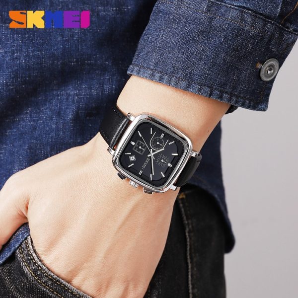 SKMEI 2182 Simple Fashion Square Dial Date Display Leather Watch For Men - Black/Silver - Image 2