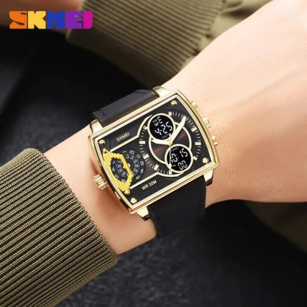 SKMEI 2229 Square Shape Dual Movement Multifunctional Leather Strap Watch For Men - Golden/Black - Image 2