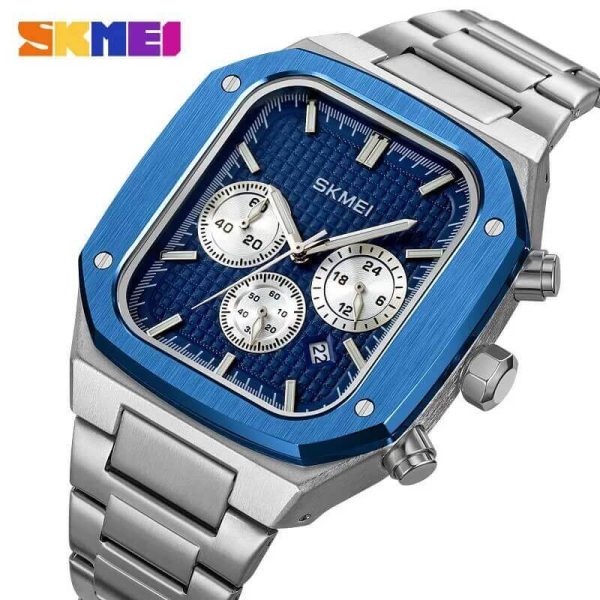 SKMEI 2201 New Business Classic Quartz Movement Date Stopwatch Function Stainless Steel Watch For Men - Blue/Silver