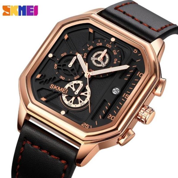 SKMEI 1963 Men's Fashion Multifunction Chronograph Square Dial Date Display Leather Strap Watch - Rosegold/Black