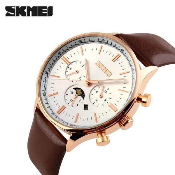 SKMEI 9117 Men's Business Elegant Chronograph Moonphase Complete Calendar Leather Strap Watch - White/RoseGold