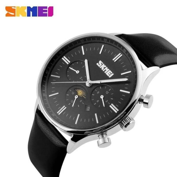 SKMEI 9117 Men's Business Elegant Chronograph Moonphase Complete Calendar Leather Strap Watch - Black/Silver