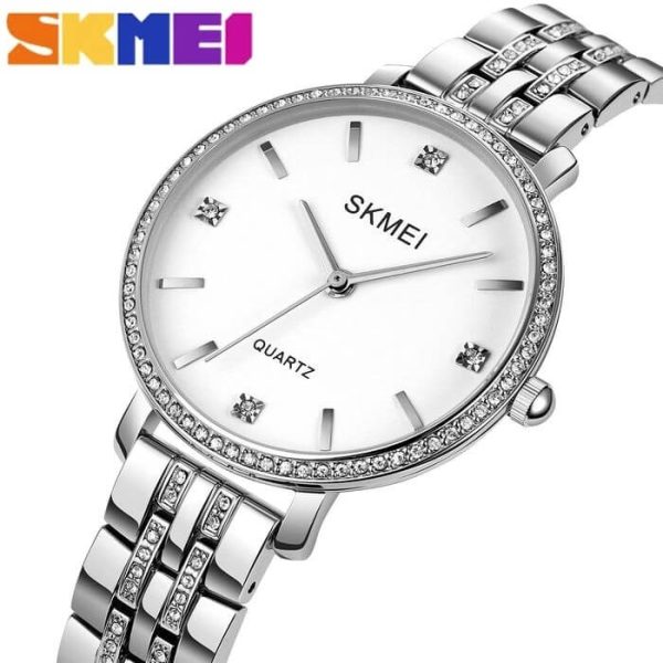 SKMEI 2006 Women's Fashion Rhinestone Surrounded Stainless Steel Watch - Silver