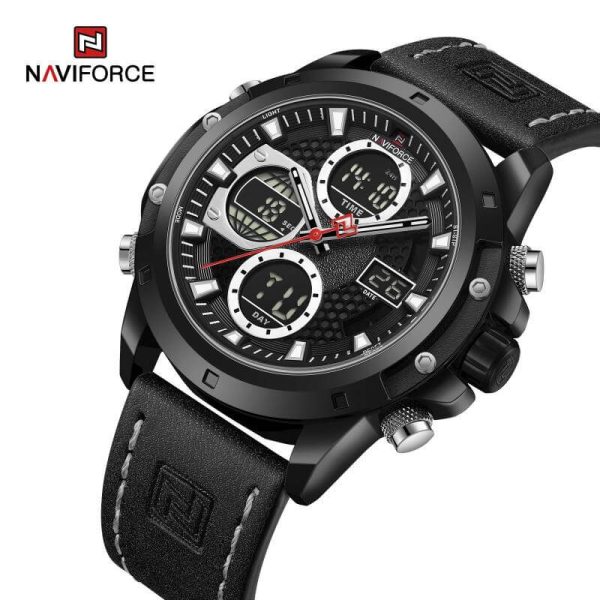 NaviForce NF9225 Men's Fashion Double Display Multifunction Luminous Leather Strap Watch - Black/White