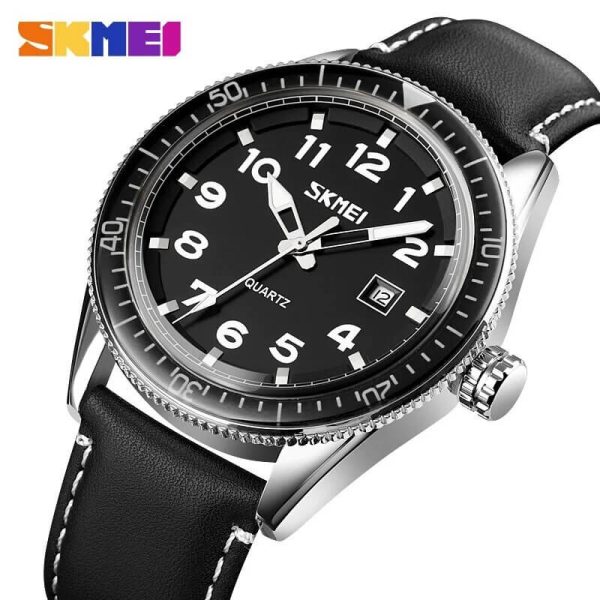 SKMEI 9232 Casual Luminuos Date Display Leather Watch For Men - Black