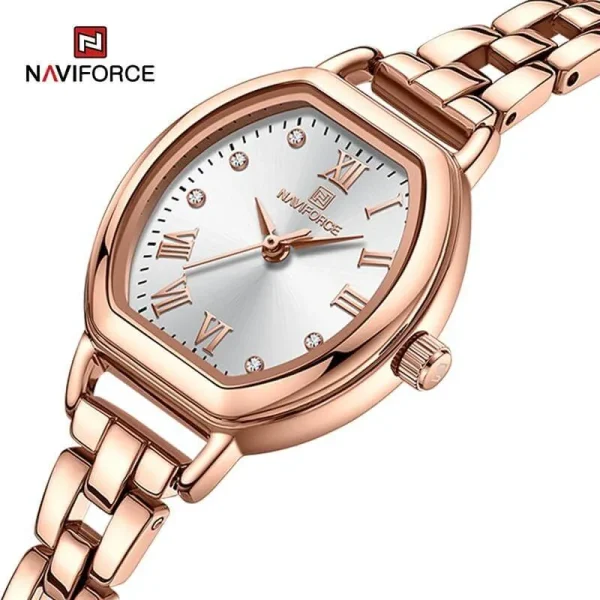 NaviForce NF5035 Women's Elegant Barrel Shaped Dial Rhinestone Bracelete Design Watch - White/RoseGold