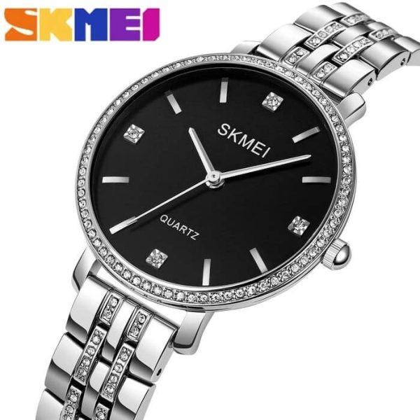 SKMEI 2006 Women's Fashion Rhinestone Surrounded Stainless Steel Watch - Black/Silver