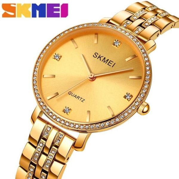 SKMEI 2006 Women's Fashion Rhinestone Surrounded Stainless Steel Watch - Golden