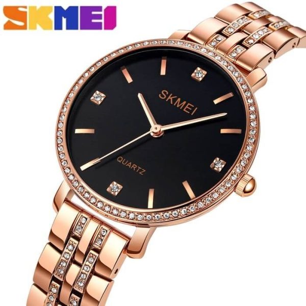 SKMEI 2006 Women's Fashion Rhinestone Surrounded Stainless Steel Watch - Black/RoseGold