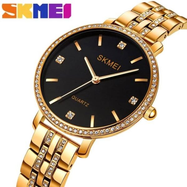 SKMEI 2006 Women's Fashion Rhinestone Surrounded Stainless Steel Watch - Black/Golden