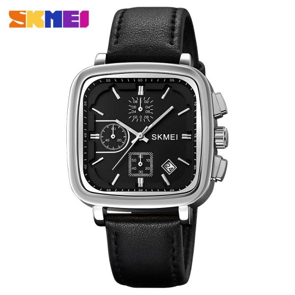 SKMEI 2182 Simple Fashion Square Dial Date Display Leather Watch For Men - Black/Silver