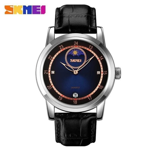 SKMEI 9300 Business Moon Phase Leather Strap Date Display Watch For Men - Blue/Black