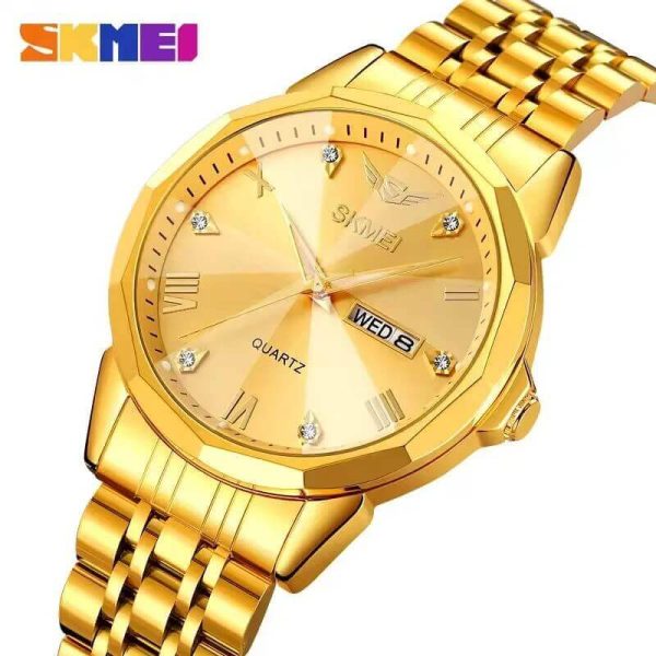 SKMEI 2291 Elegant Fashion Simple Dial Date Week Display Stainless Steel Watch For Men - Golden