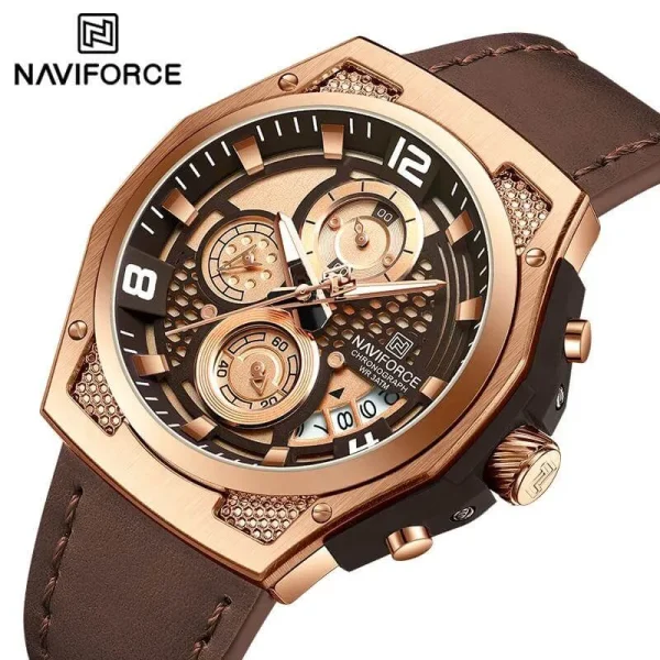 NaviForce NF8051 Men's Fashion Multifunction Chronograph Date Dispaly Leather Strap Watch - Brown/Rosegold