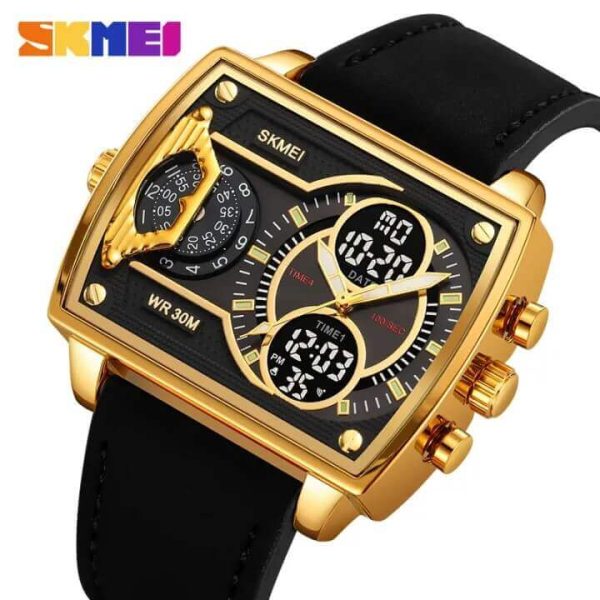 SKMEI 2229 Square Shape Dual Movement Multifunctional Leather Strap Watch For Men - Golden/Black