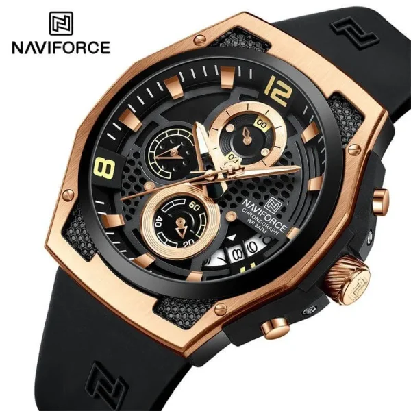 NaviForce NF8051 Men's Fashion Multifunction Chronograph Date Dispaly Silicon Strap Watch - Rosegold/Black