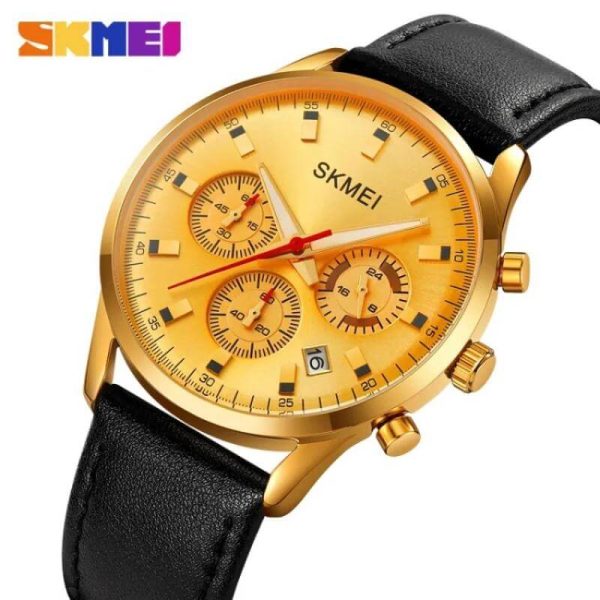 SKMEI 2083 Fashion Casual Chronograph Date Display Leather Strap Watch For Men - Golden/Black