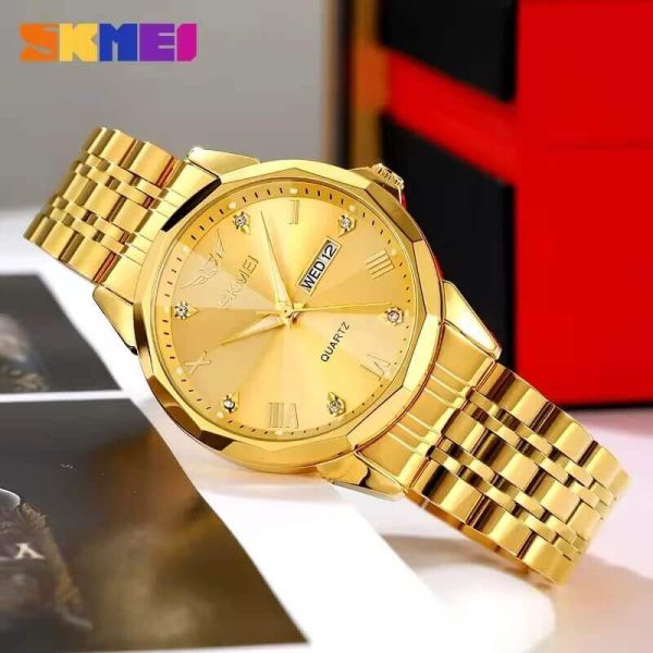 SKMEI 2291 Elegant Fashion Simple Dial Date Week Display Stainless Steel Watch For Men - Golden - Image 2