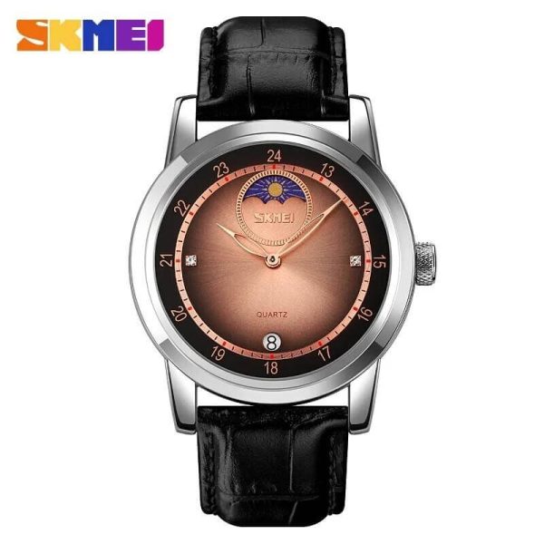 SKMEI 9300 Business Moon Phase Leather Strap Date Display Watch For Men - Rosegold/Black