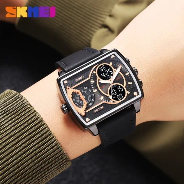 SKMEI 2229 Square Shape Dual Movement Multifunctional Leather Strap Watch For Men - Rosegold/Black - Image 2