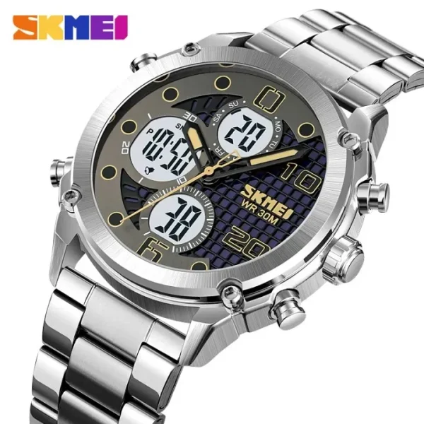 SKMEI 1975 Fashion 3 Time Dual Movement Multifunction LED Light Stainless Steel Watch For Men -  Silver