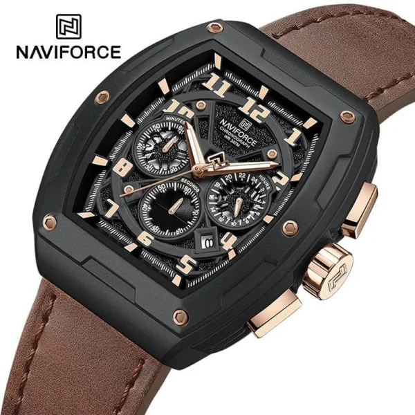 NaviForce NF8053 Men's Stylish Multifunction Barrel Shape Case Chronograph Watch - Dark Brown