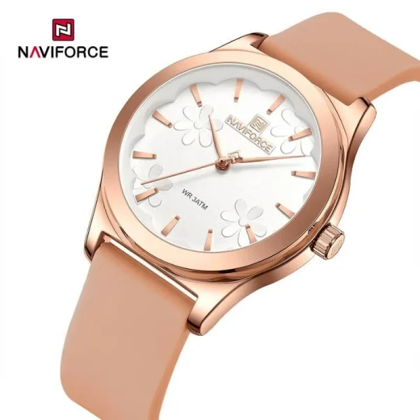 NaviForce NF5051 Women's Elegant Floral Pattern Minimalist Dial Silicon Strap Watch - White/Rosegold