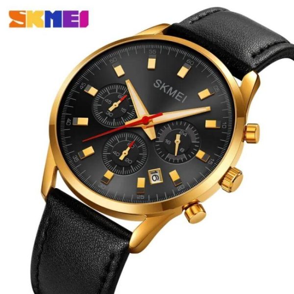 SKMEI 2083 Fashion Casual Chronograph Date Display Leather Strap Watch For Men - Black/Golden