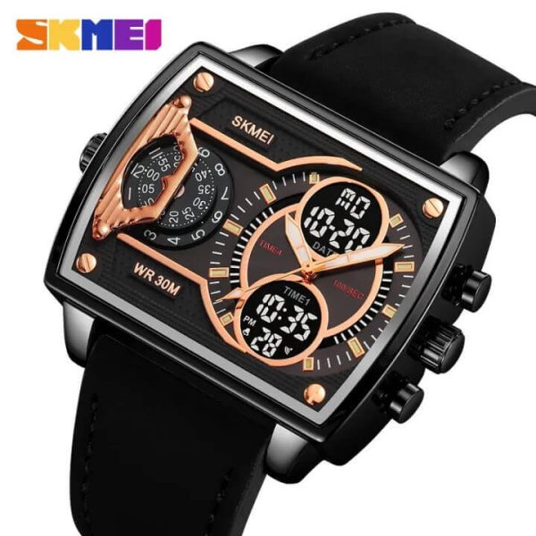 SKMEI 2229 Square Shape Dual Movement Multifunctional Leather Strap Watch For Men - Rosegold/Black