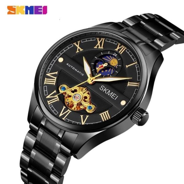 SKMEI M024 Fashionable Automatic Moon Phase Mechanical Roman Numeric Index Luminous Stainless Steel  Men's Watch - Black