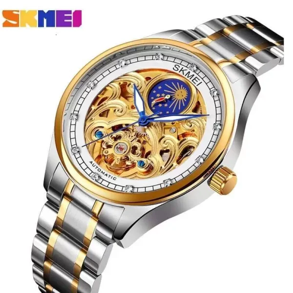 SKMEI M025 Men's Two Tone Moon Phase Mechanical Rhinestone Luminous Stainless Steel Watch - Silver/Golden