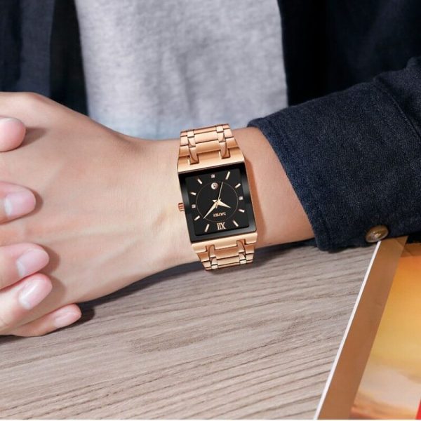 SKMEI 9263 Luxury Rectangle Shape Date Display Stainless Steel Quartz Watch For Men  - Black/Rosegold - Image 3