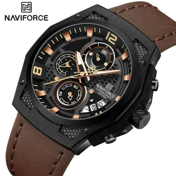 NaviForce NF8051 Men's Fashion Multifunction Chronograph Date Dispaly Leather Strap Watch - Black/Brown