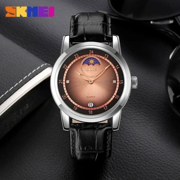 SKMEI 9300 Business Moon Phase Leather Strap Date Display Watch For Men - Rosegold/Black - Image 3