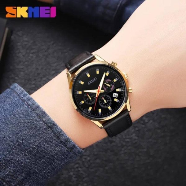 SKMEI 2083 Fashion Casual Chronograph Date Display Leather Strap Watch For Men - Black/Golden - Image 2