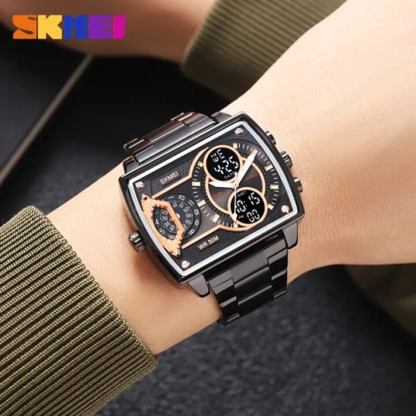 SKMEI 2229 Square Shape Dual Movement Multifunctional Stainless Steel Watch For Men - Rosegold/Black - Image 2