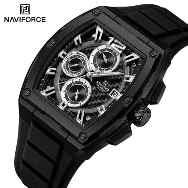 NaviForce NF8050 Fashion Barrel Shape Case Chronograph Silicone Strap Watch For Men - Black