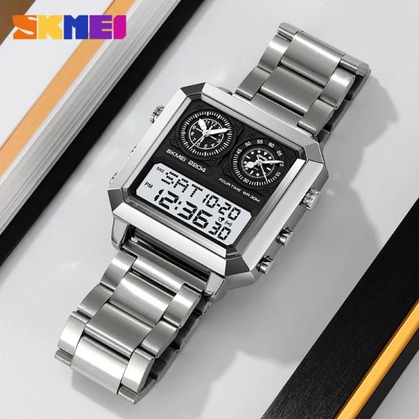 SKMEI 2204 Simple Fashion Square Dial Lumnious Date Day Display Stainless Steel Watch For Men - Black/Silver - Image 2