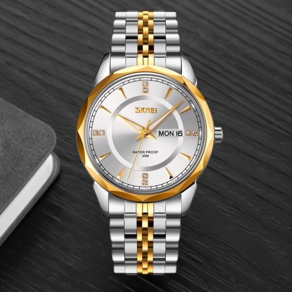 SKMEI 9268 Luxury Fashionable Day Date Function Geometric Cutting Round Dial Stainless Steel Watch For Men - Silver/Golden - Image 3