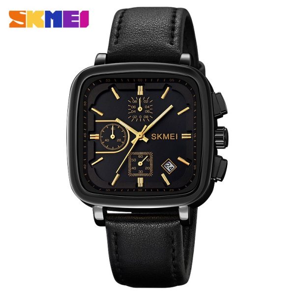 SKMEI 2182 Simple Fashion Square Dial Date Display Leather Watch For Men - Golden/Black