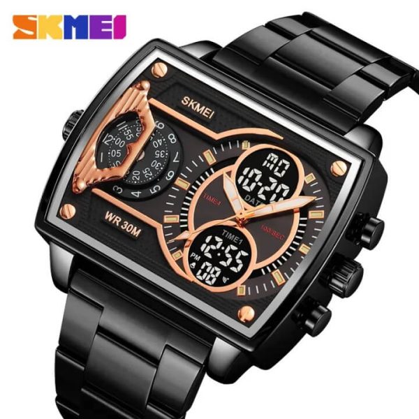 SKMEI 2229 Square Shape Dual Movement Multifunctional Stainless Steel Watch For Men - Rosegold/Black