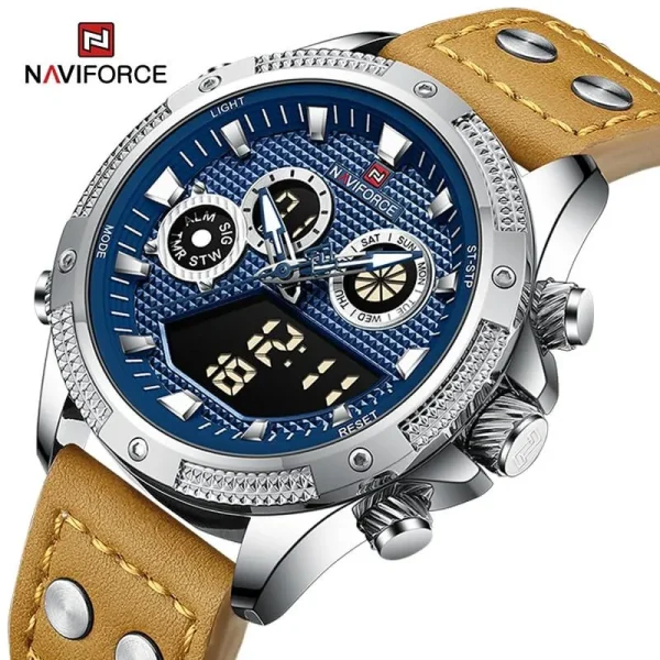 NaviForce NF9224 Fashion Sport Dual Display Multifunction Luminous Leather Strap Watch For Men - Blue/ Silver