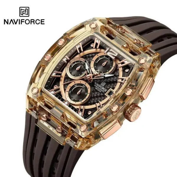 NaviForce NF7105 Tonneau Transparent Chronograph Quartz Watch for Men - Rosegold/Brown